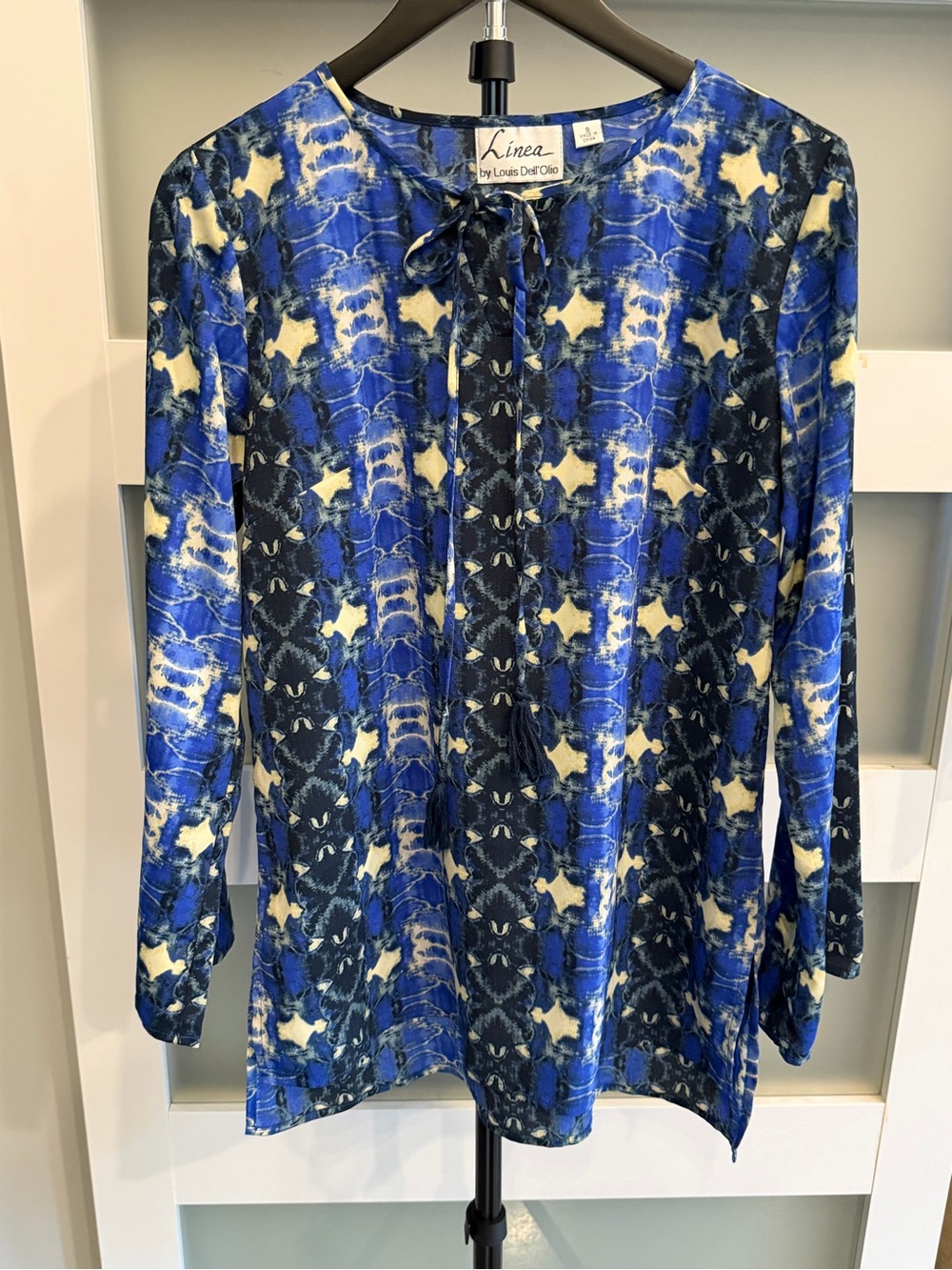 Linea by Louis Dell'Olio Royal Blue and Cream Printed Tie-Neck Tunic
